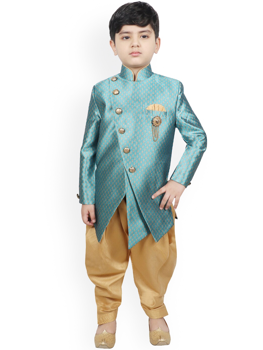 

SG YUVRAJ Boys Turquoise Blue & Gold-Coloured Silk Sherwani Set