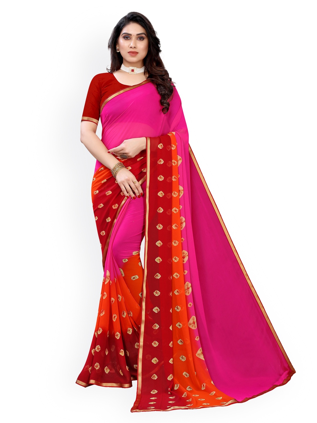 

KALINI Pink & Red Pure Georgette Printed Bandhani Saree