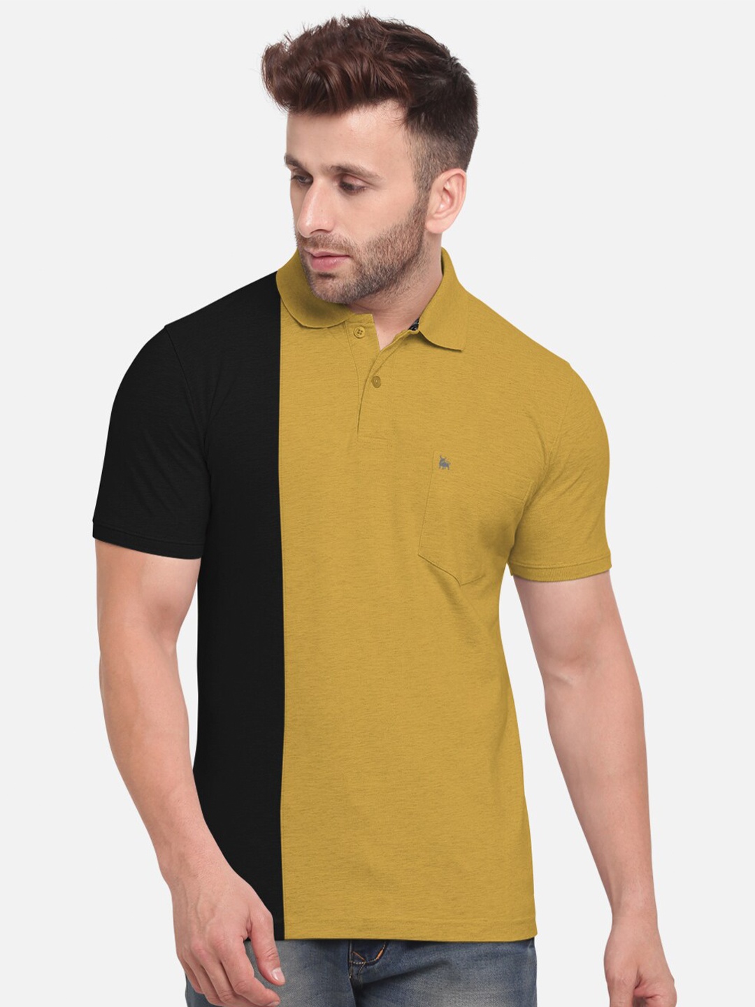 

BULLMER Men Yellow and Black Colourblocked Polo Collar Cotton T-shirt