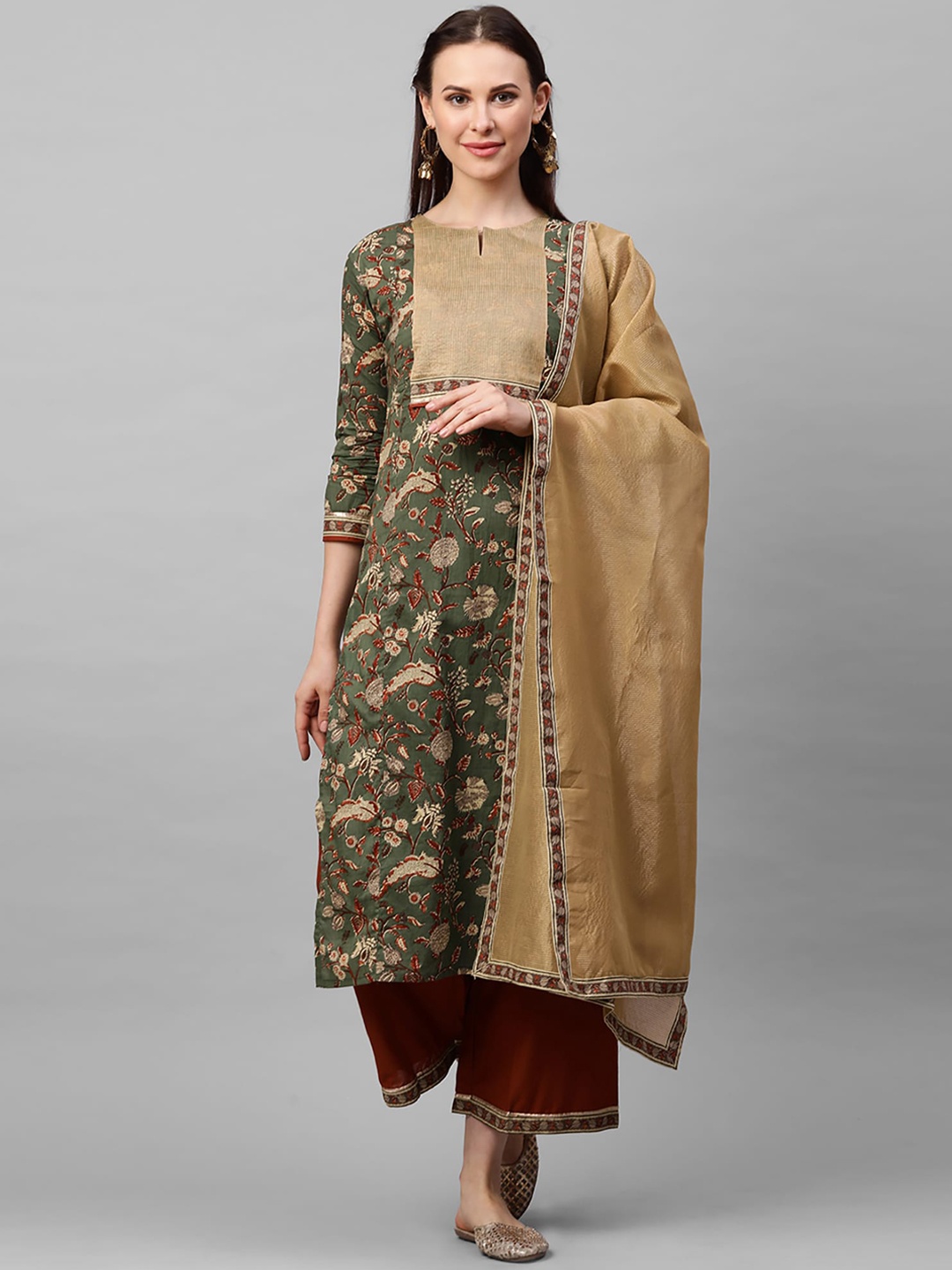 

Indo Era Women Green & Beige Printed Kurta with Palazzos & Dupatta
