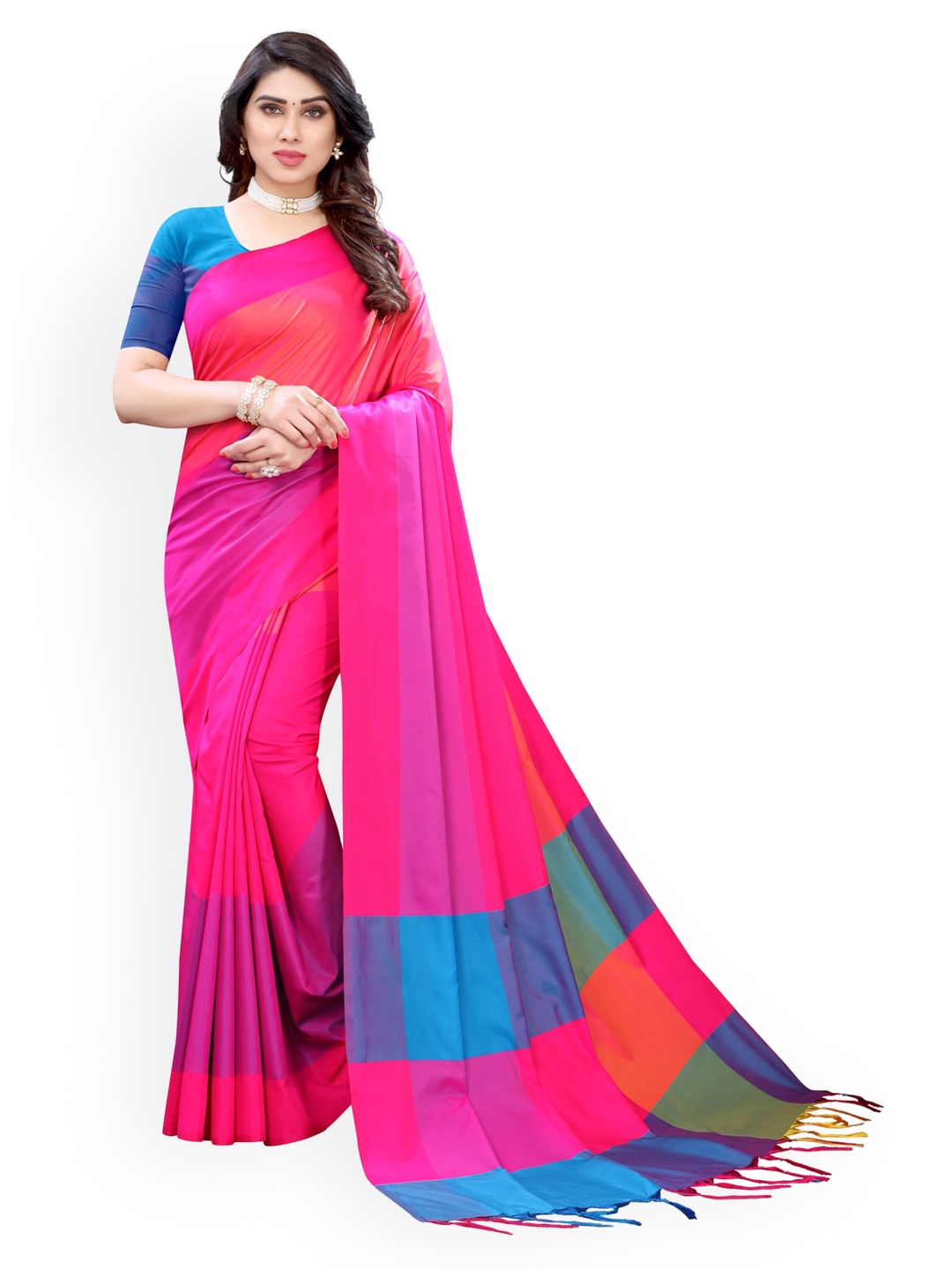 

KALINI Pink & Blue Poly Silk Colourblocked Banarasi Saree