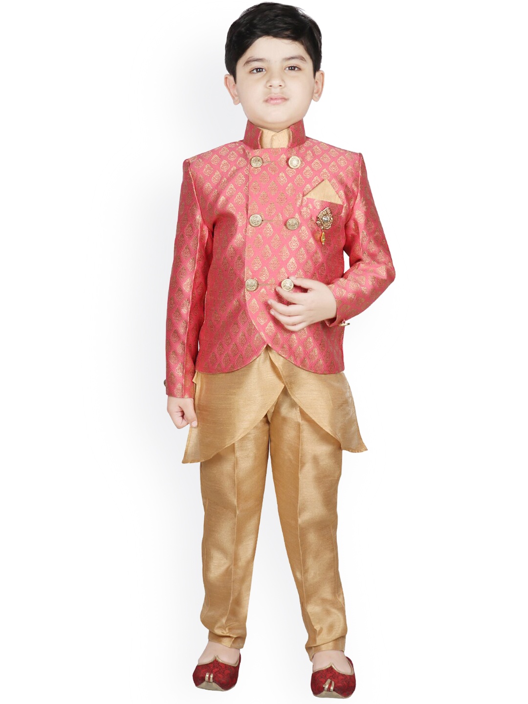 

SG YUVRAJ Boys Peach-Coloured & Beige Woven-Design Silk Sherwani Set