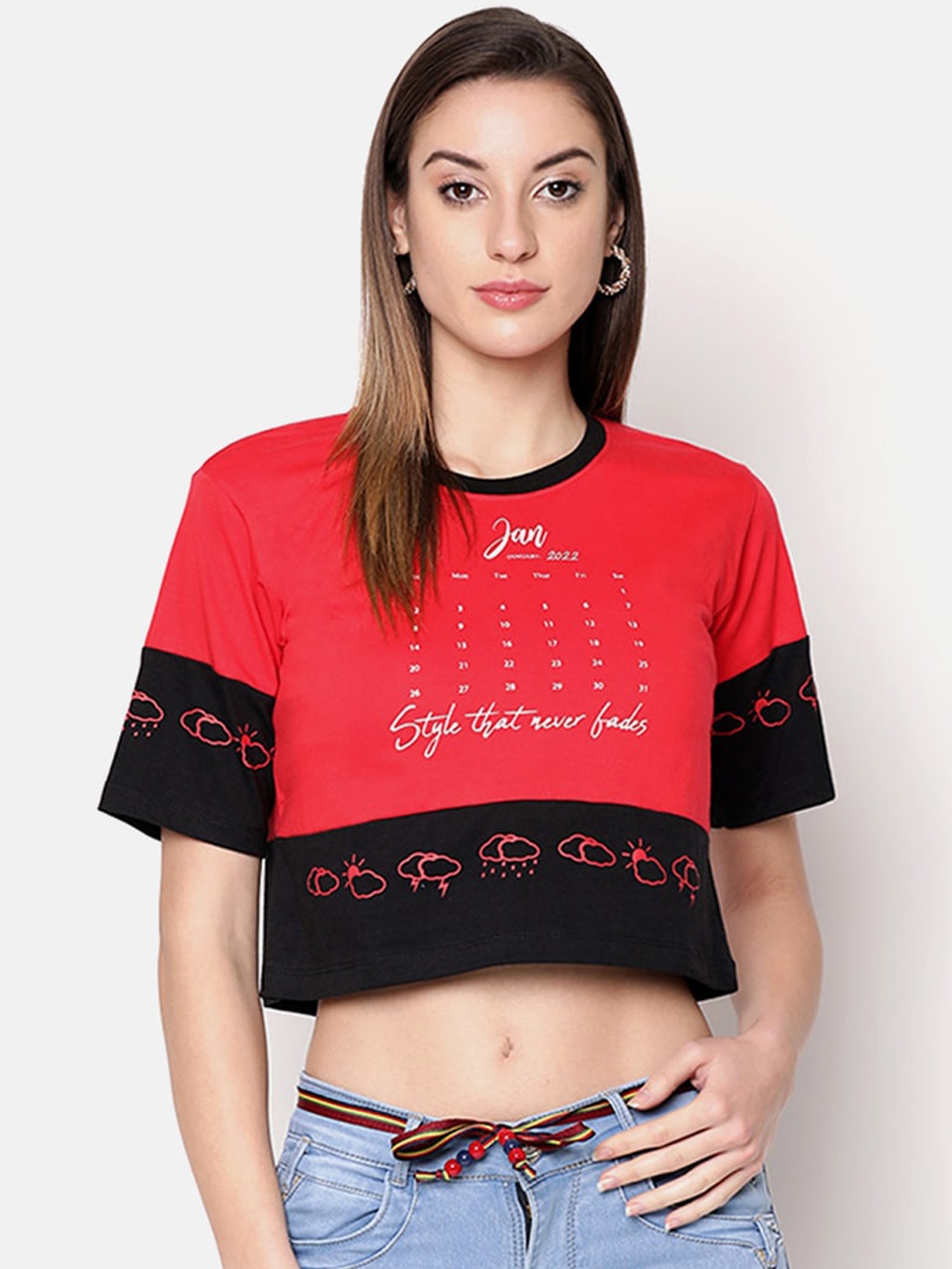 

V2 Value & Variety Red & Black Colourblocked Chambray Regular Crop Top