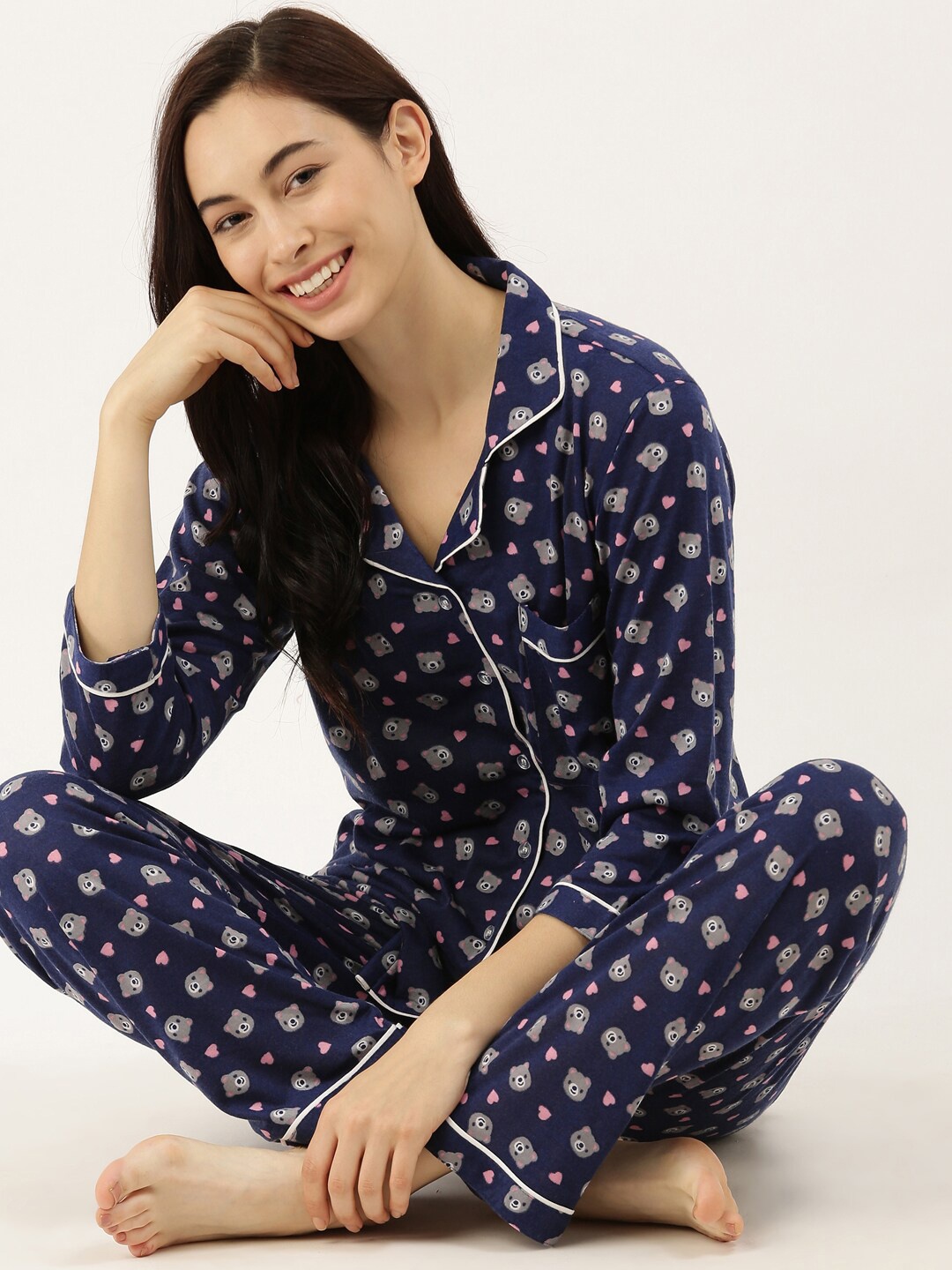

Bannos Swagger Women Navy Blue & Grey Printed Night suit