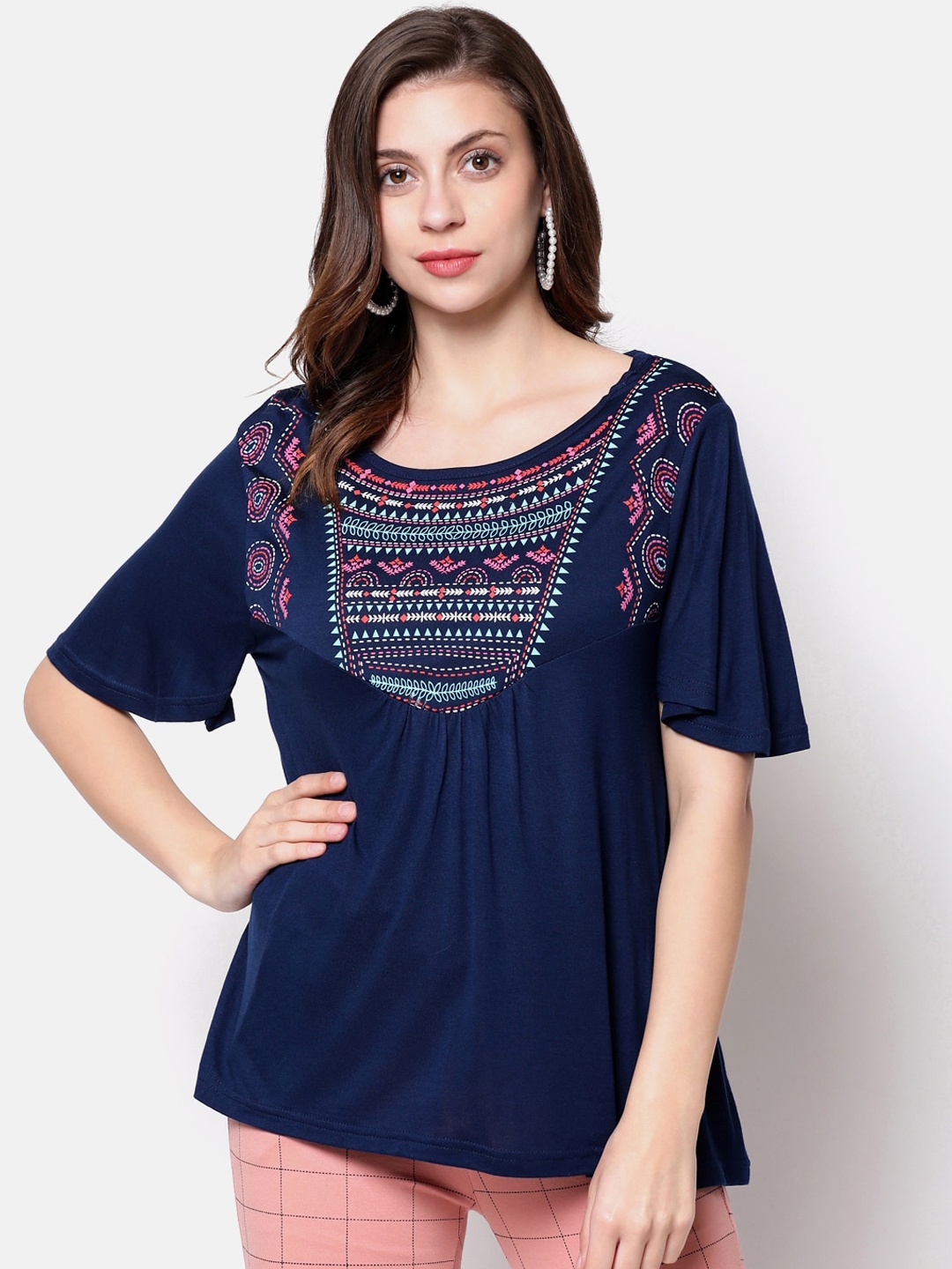 

V2 Value & Variety Blue Geometric A-Line Top