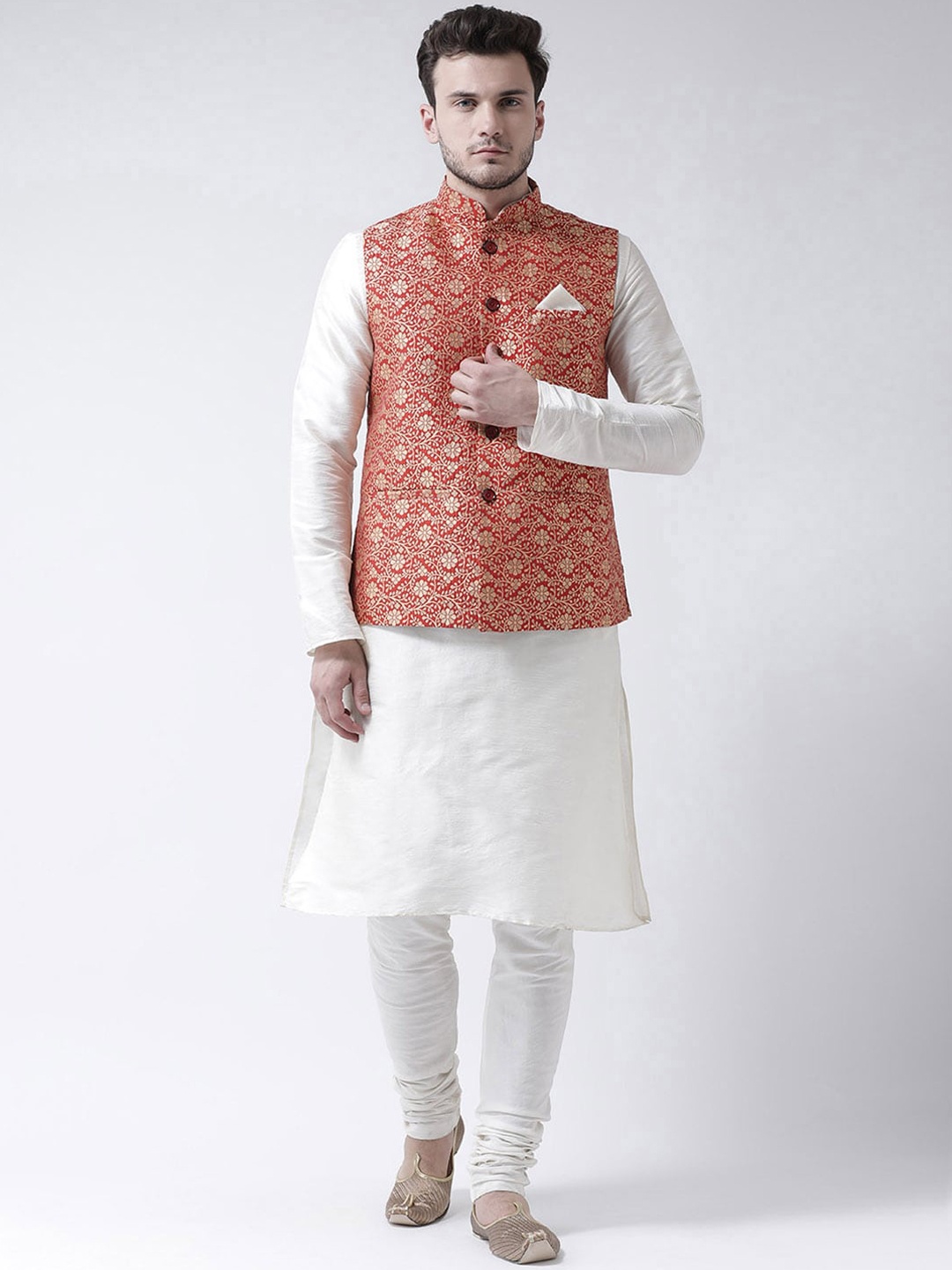 

DEYANN Men Red & White Self Design Kurta with Churidar and Nehru Jacket