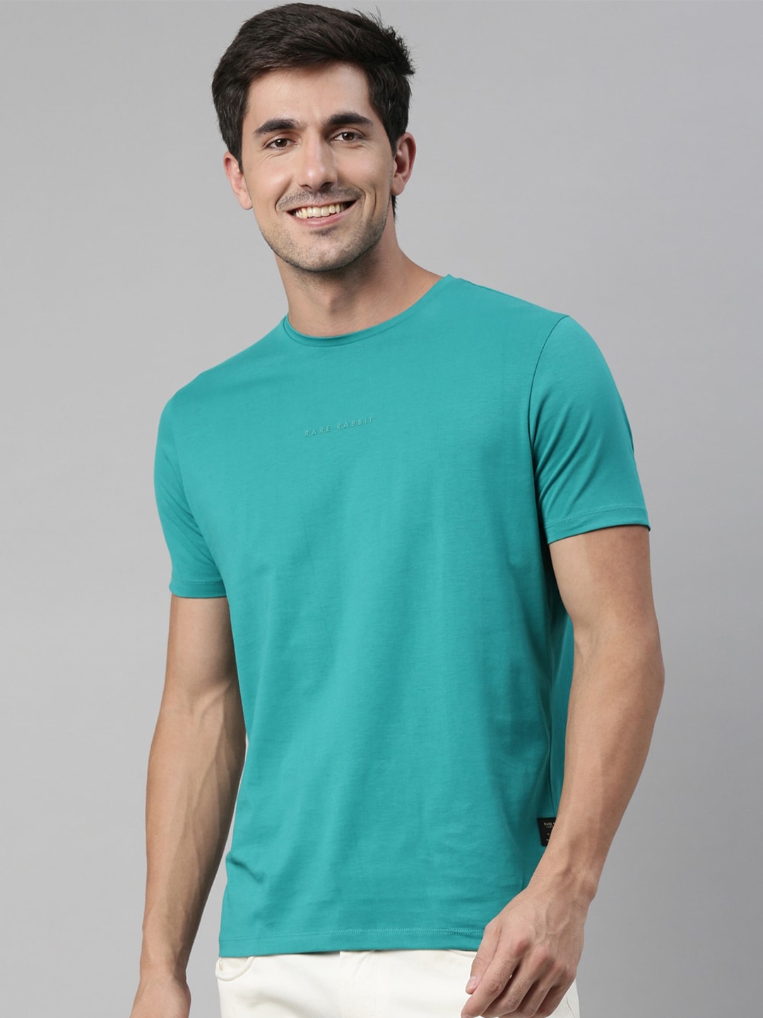 

RARE RABBIT Men Turquoise Blue Solid Cotton Round Neck T-shirt