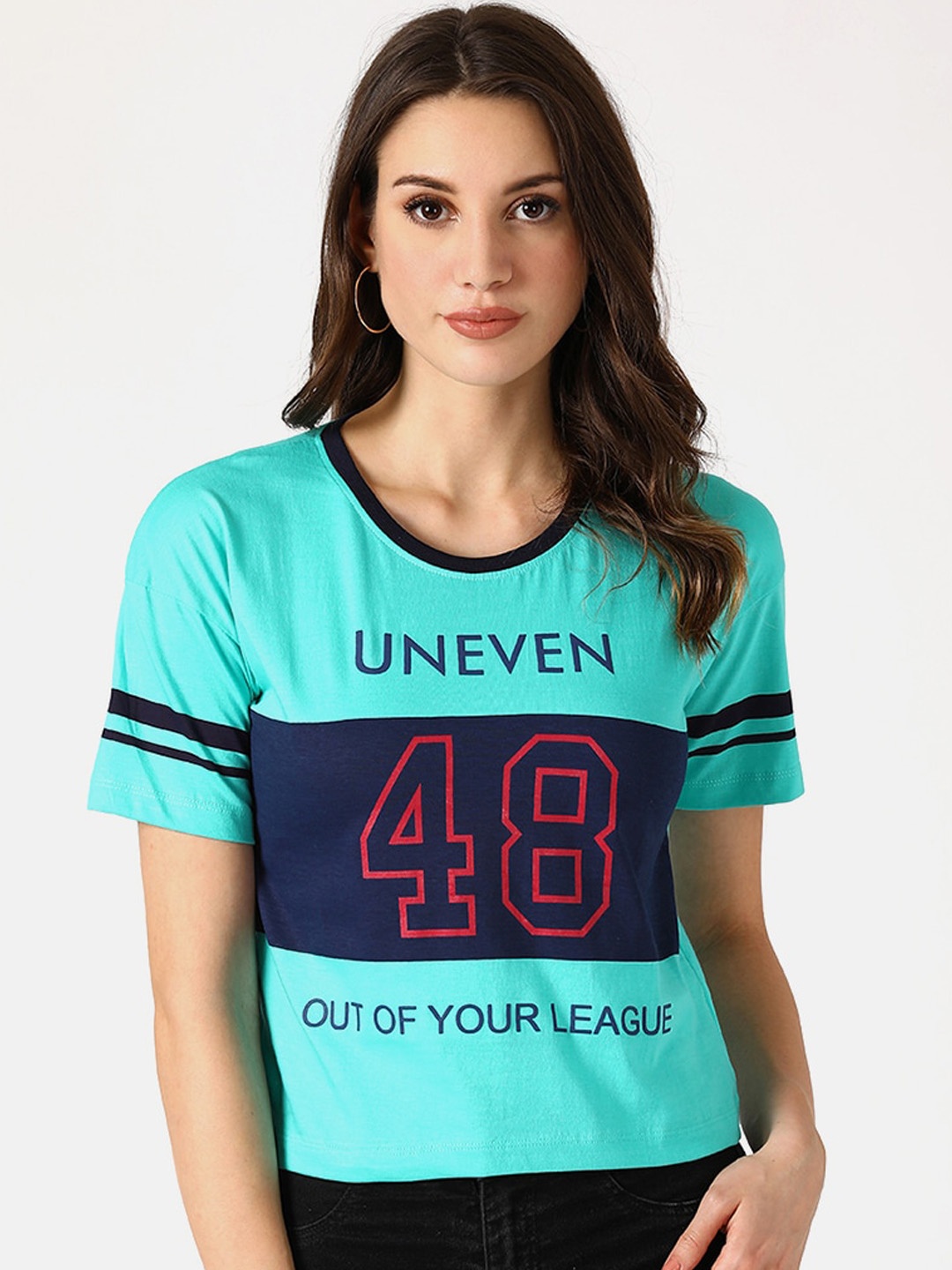 

V2 Value & Variety Sea Green & Navy Blue Colourblocked Chambray Regular Top