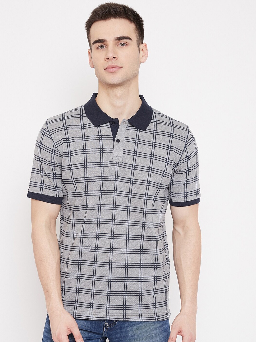 

Austin wood Men Grey & Navy Blue Checked Polo Collar T-shirt