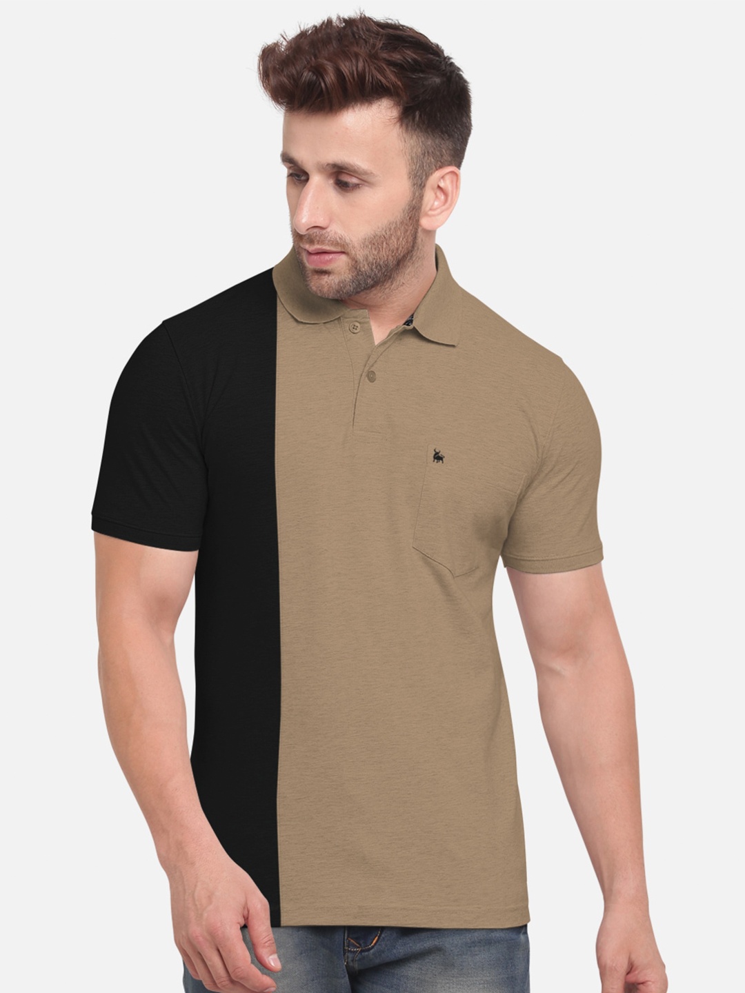 

BULLMER Men Beige and Black Colourblocked Polo Collar Cotton T-shirt