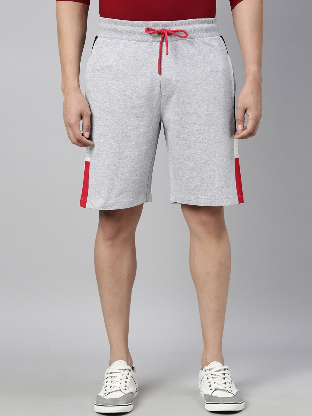

3PIN Men Grey Melange & Red Colourblocked Cotton Knitted Regular Shorts