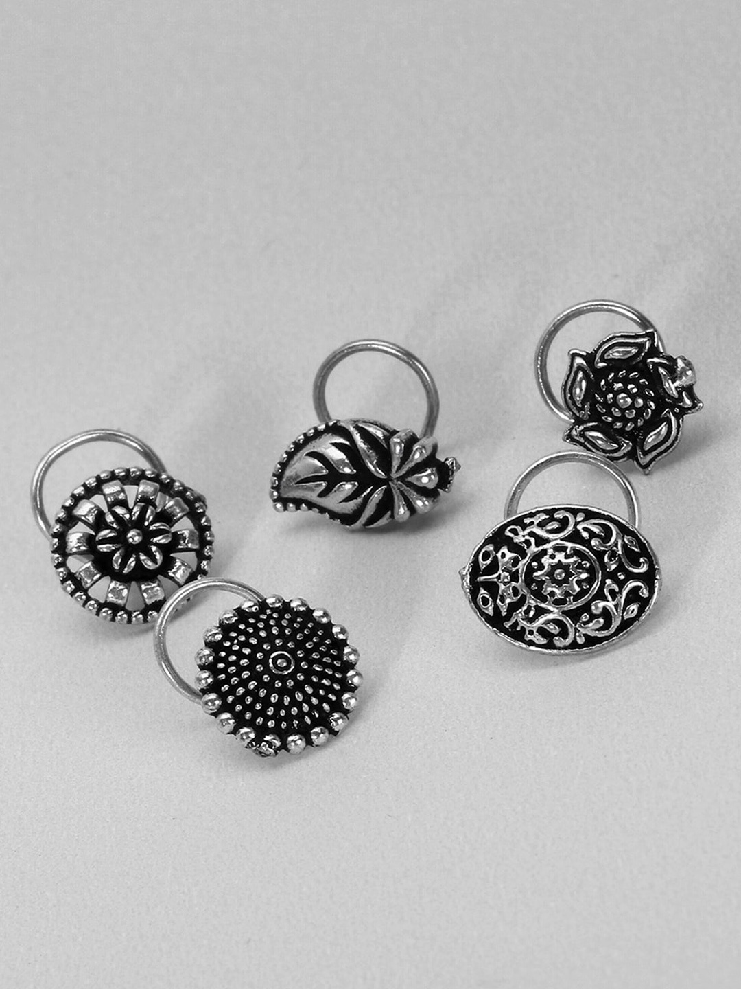 

Adwitiya Collection Set Of 5 Oxidised Silver-Plated Clip-On Nosepins