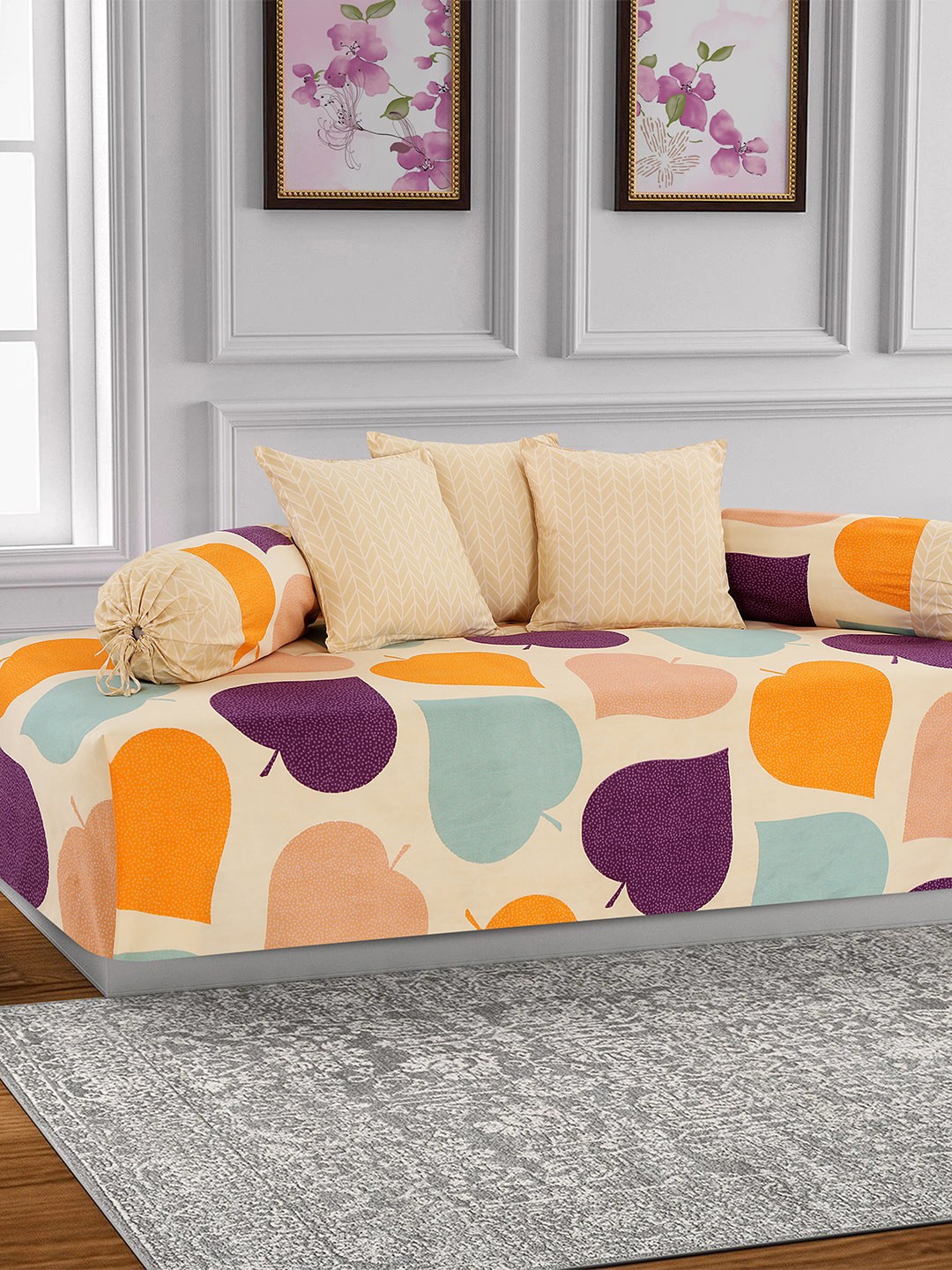 

Salona Bichona Set Of 6 Yellow & Purple Floral Printed 144 TC Cotton Bedsheet With Bolster & Cushion Covers