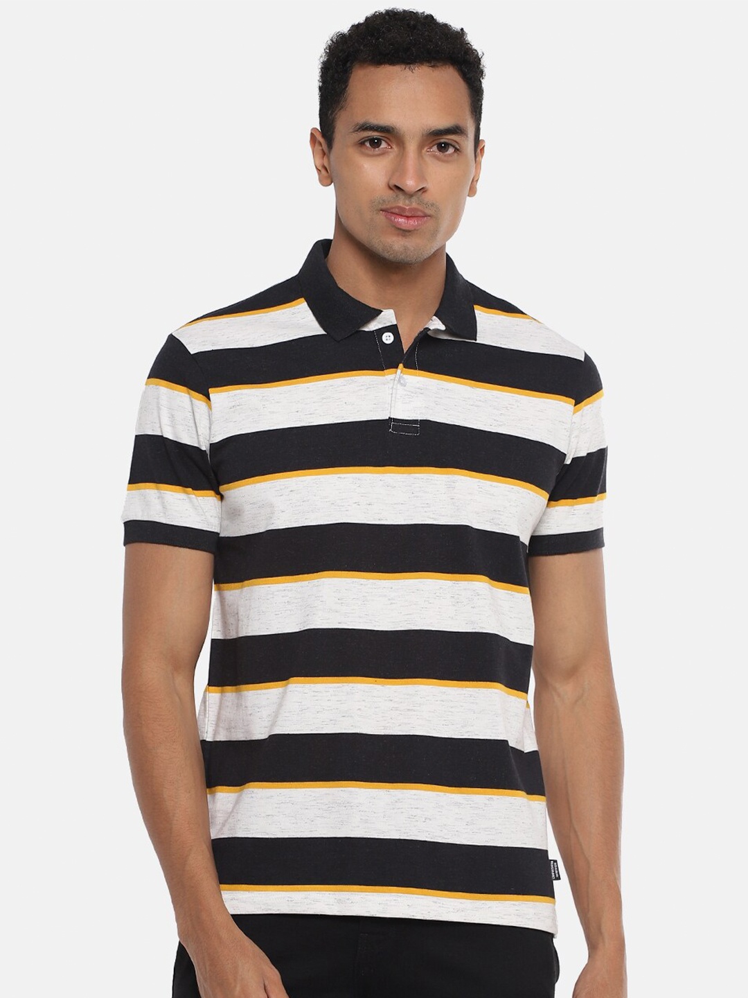 

Campus Sutra Men Off-White Striped Polo Collar T-shirt