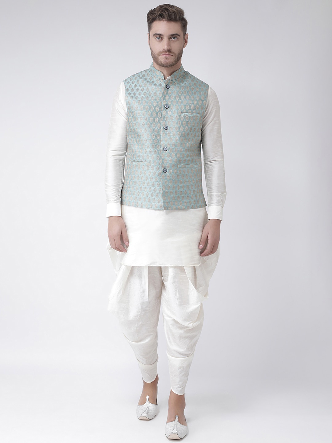 

DEYANN Men Off-White & Turquoise Blue Solid Kurta with Patiala & Nehru Jacket