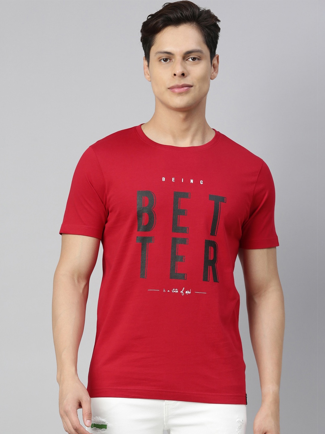 

3PIN Men Red Printed Round Neck Pure Cotton T-shirt