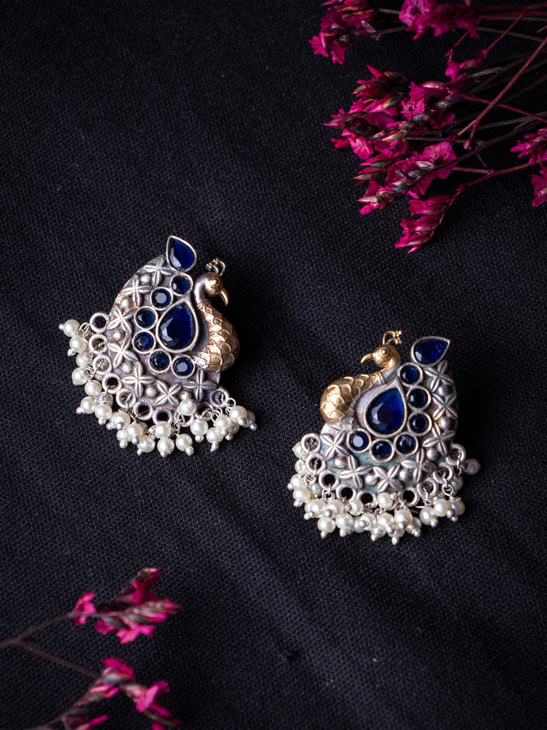 

MORKANTH JEWELLERY Blue Silver Plated & Gold Plated Peacock Shaped Drop Earrings