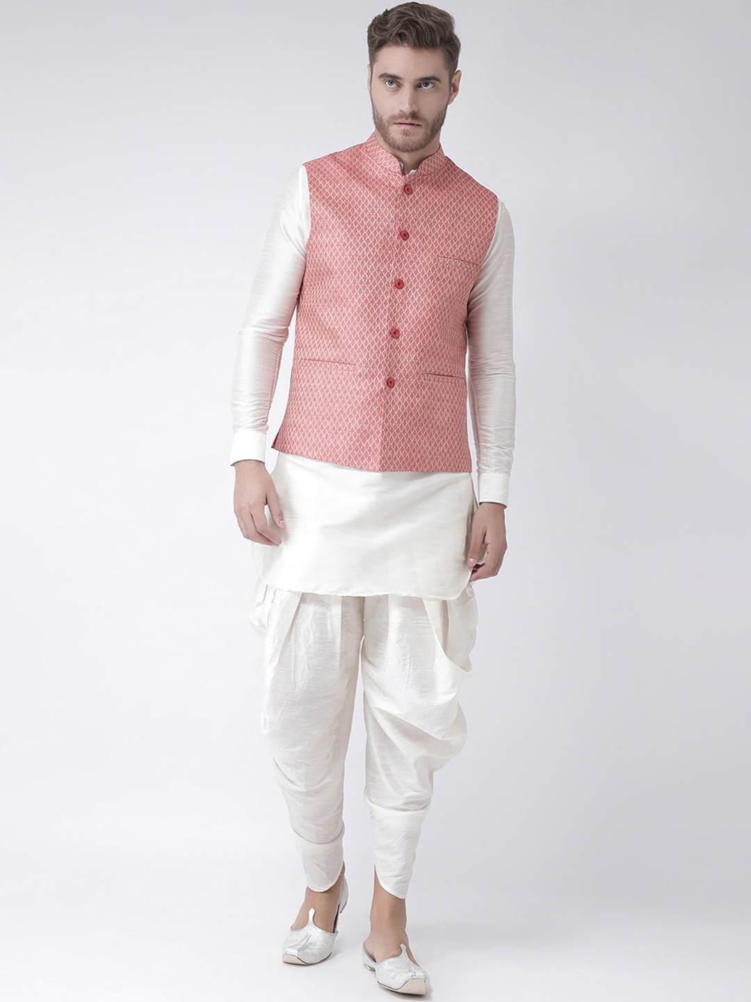 

DEYANN Men Pink & White Self Design Kurta with Patiala and Nehru Jacket
