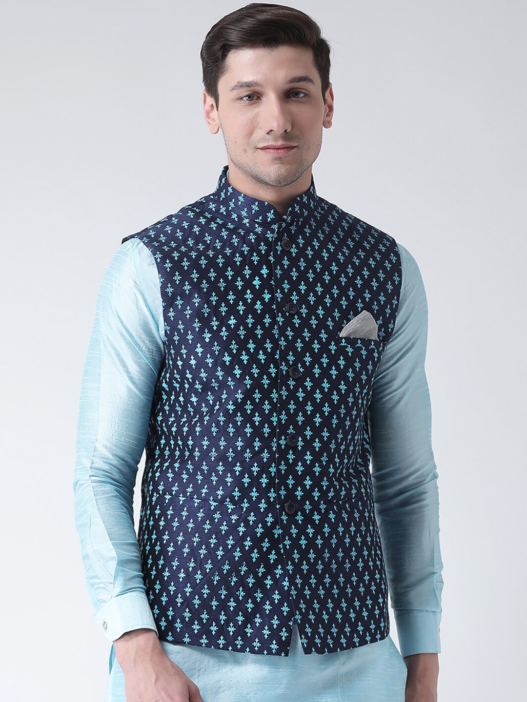 

DEYANN Men Navy Blue Printed Woven Dupion Silk Nehru Jacket