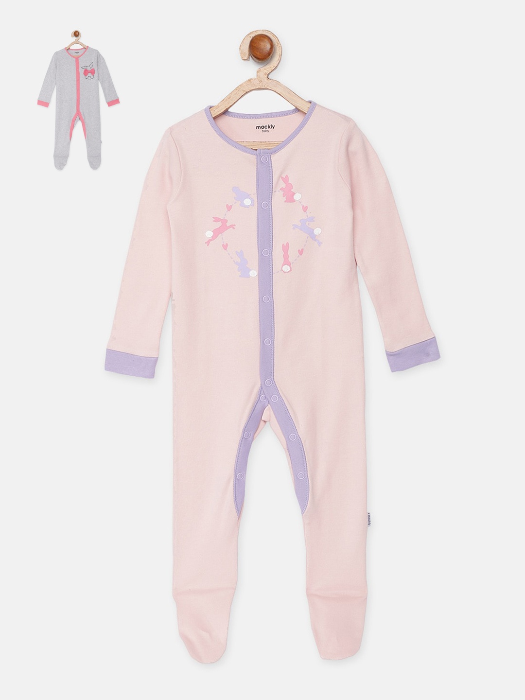 

mackly Infant Girls Set Of 2 Printed 100% Cotton Sleepsuits, Pink