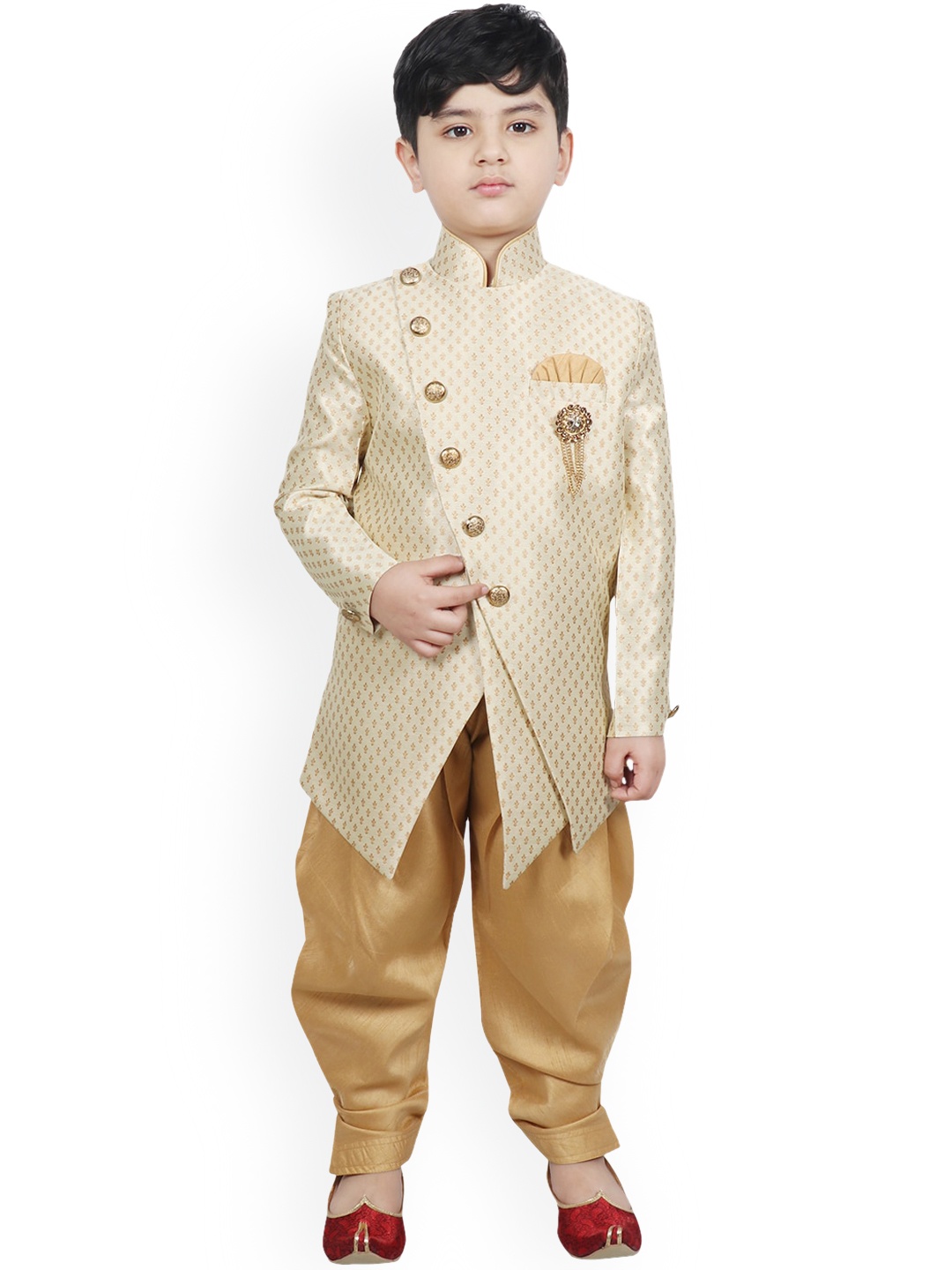 

SG YUVRAJ Boys Beige & Gold Coloured Brocade Silk Sherwani Set