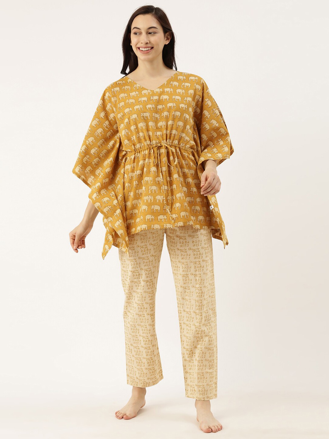 

Bannos Swagger Women Yellow Print Kaftan Set Night Suit, Mustard