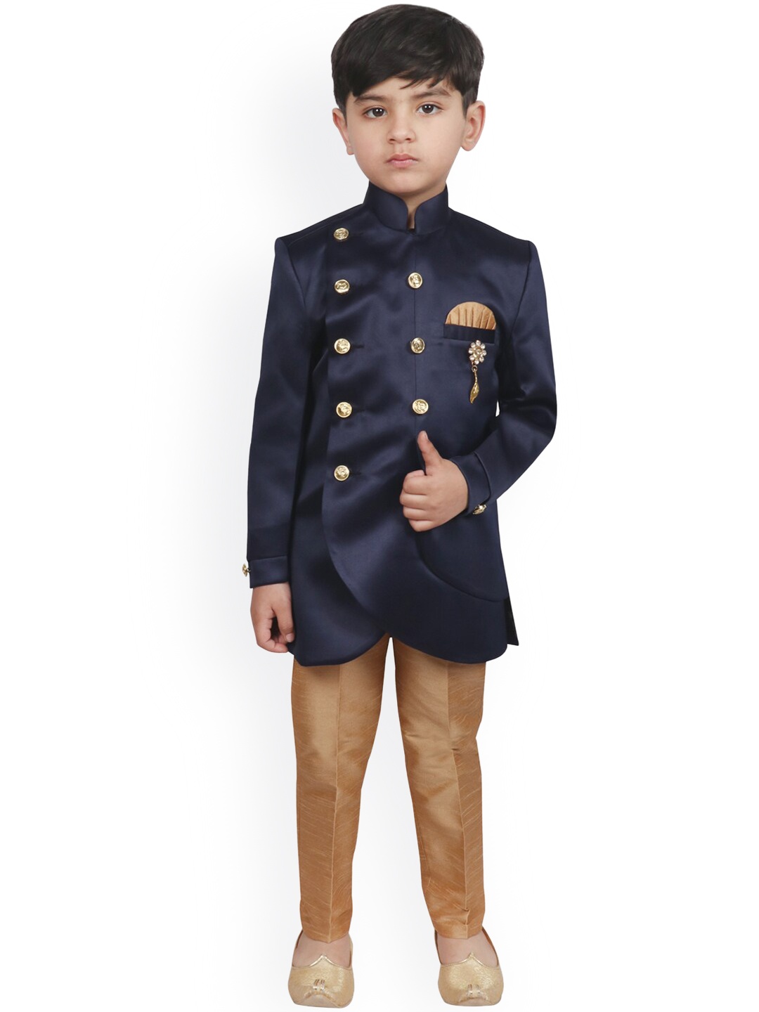 

SG YUVRAJ Boys Navy Blue & Gold-Coloured Solid Sherwani Set