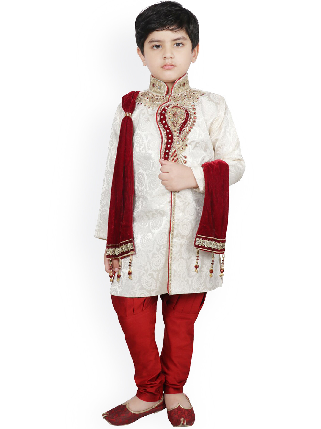 

SG YUVRAJ Boys Cream-Coloured & Red Woven-Design Embroidery Silk Sherwani Set
