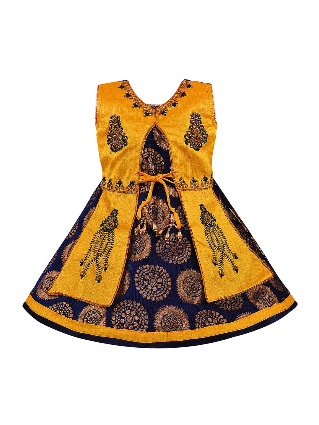 

Wish Karo Navy Blue & Yellow Ethnic Motifs Layered Silk Satin Dress
