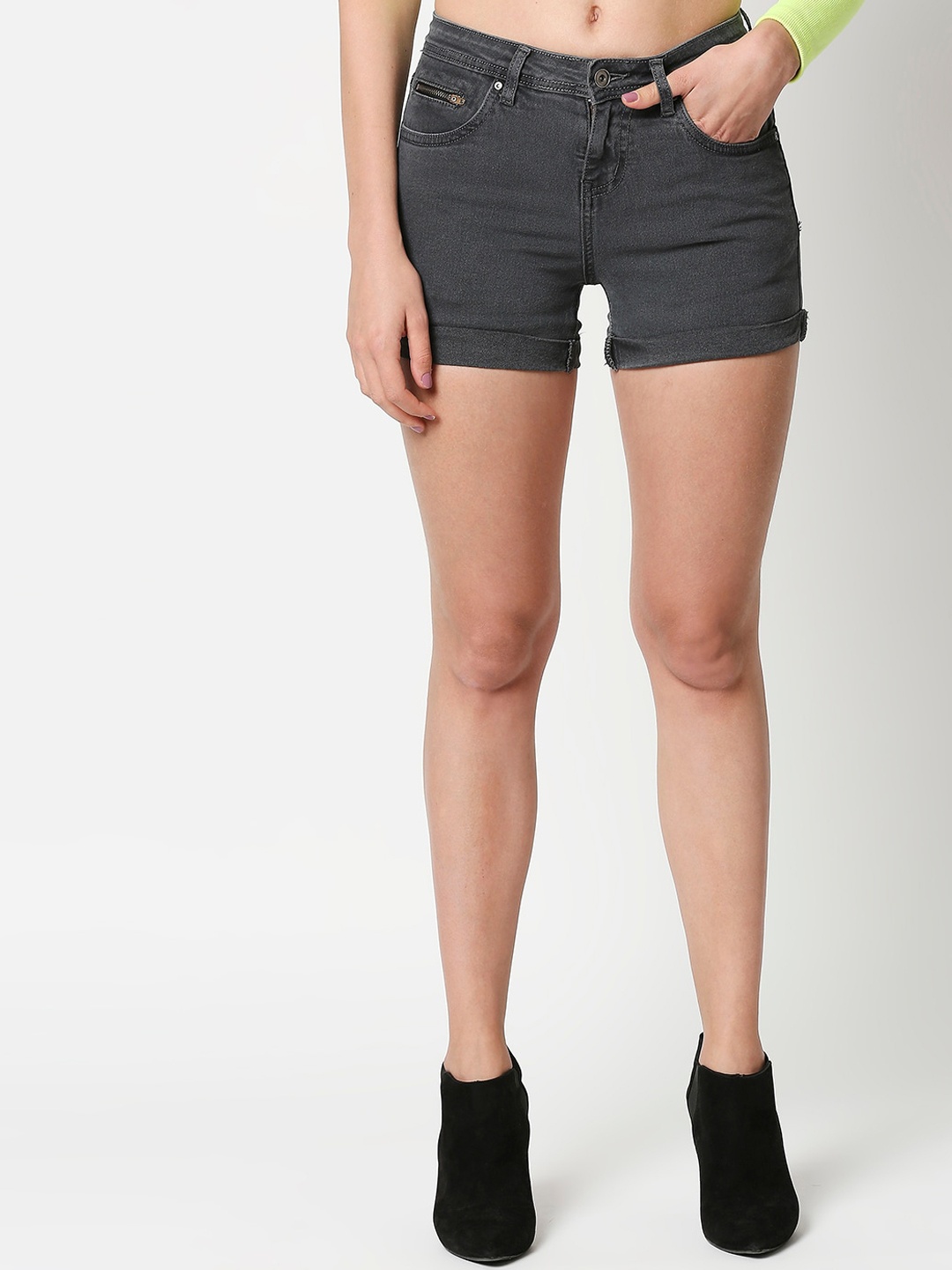 

High Star Women Charcoal Grey Solid Regular Fit Denim Shorts