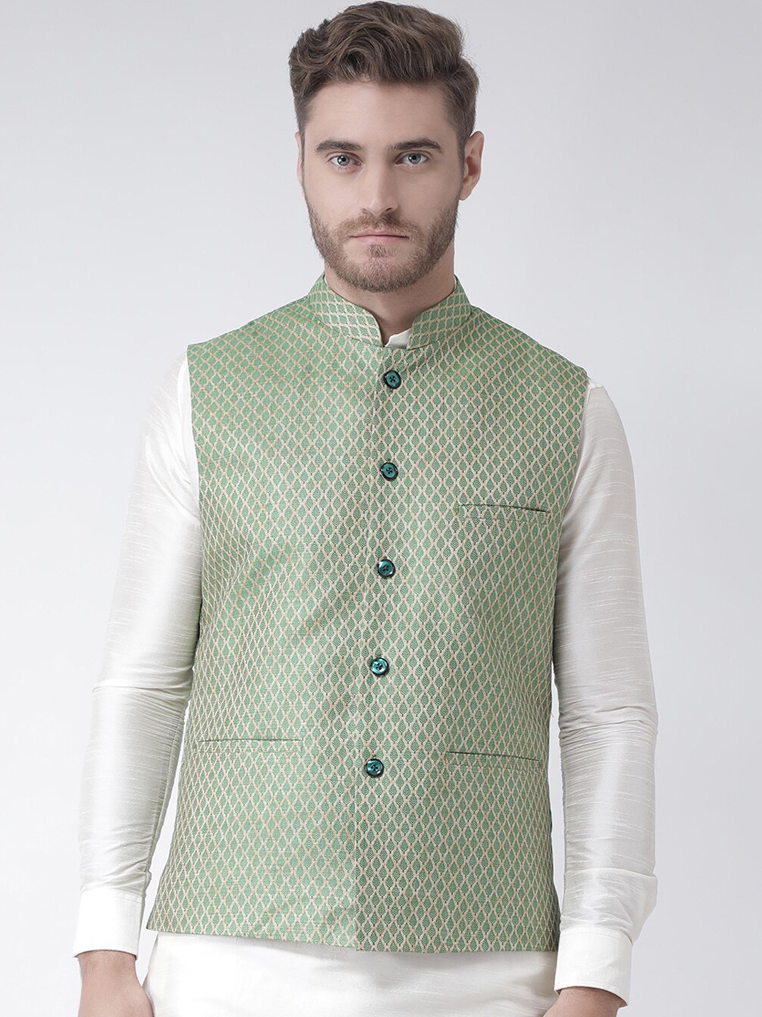 

DEYANN Men Green & Beige Woven-Design Jacquard Silk & Dupion Silk Nehru Jacket