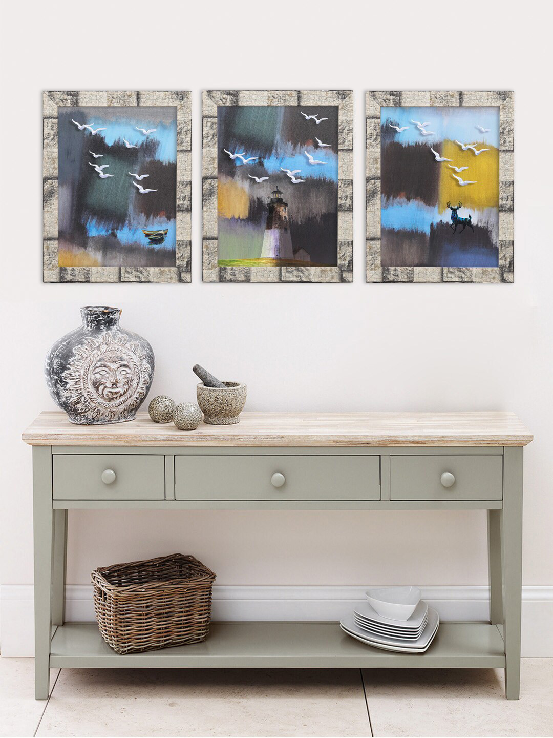 

Indianara Set Of 3 Blue & Yellow Birds Flying Over Lighthouse Framed Wall Arts