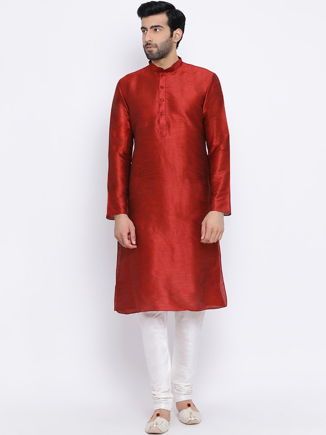 

NAMASKAR Men Maroon Dupion Silk Solid Mandarin Collar Woven Design Kurta