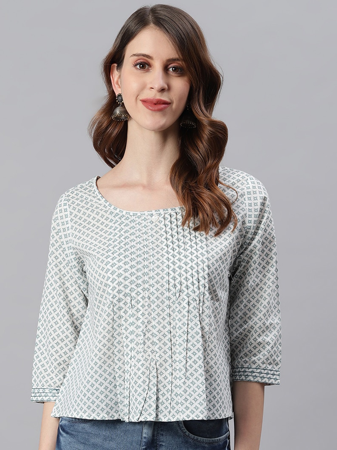 

Janasya White Geometric A-Line Top