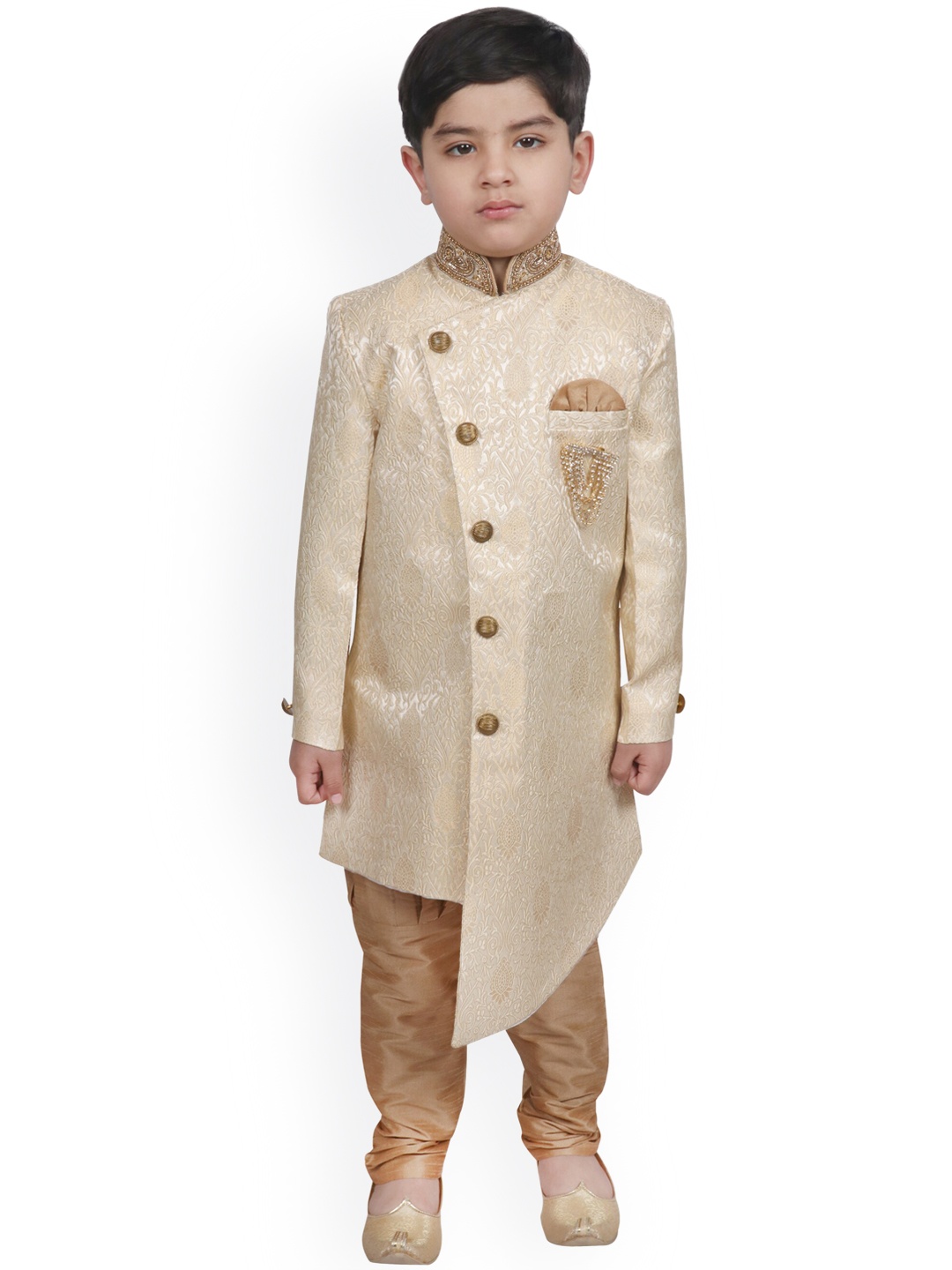 

SG YUVRAJ Boys Beige & Gold-Coloured Woven-Design Sherwani Set