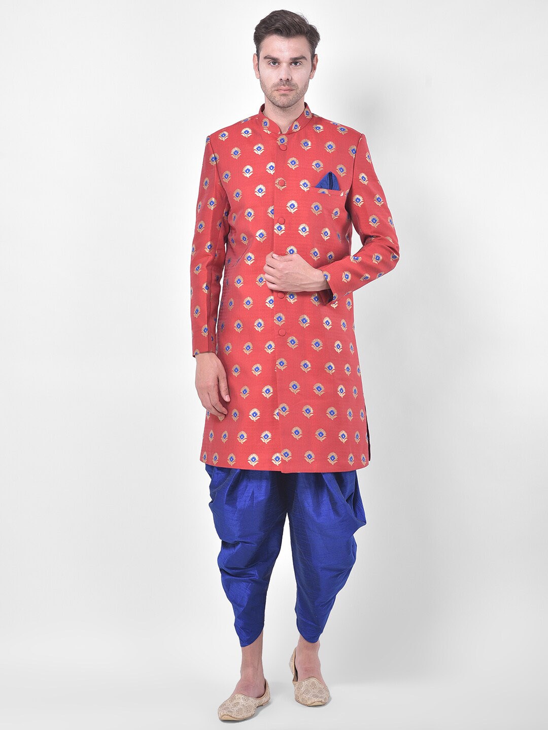 

DEYANN Men Red & Blue Woven-Design Jacquard & Dupion Silk Sherwani Set