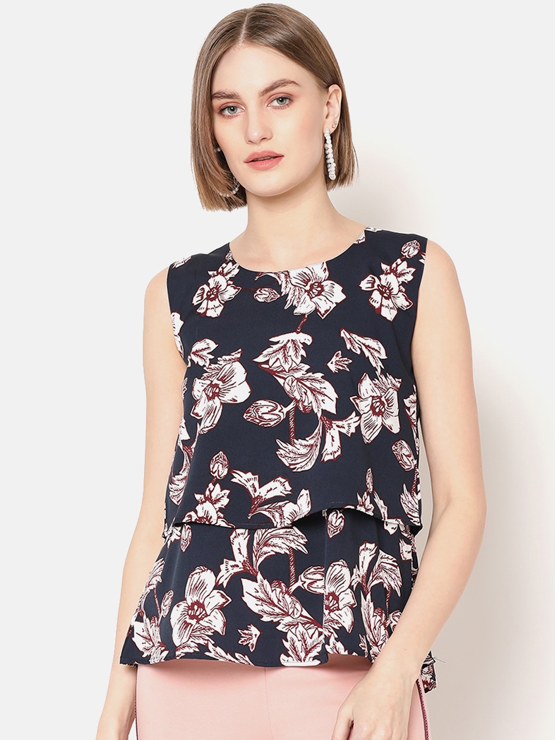 

V2 Value & Variety Blue & White Floral Layered Crepe Regular Top