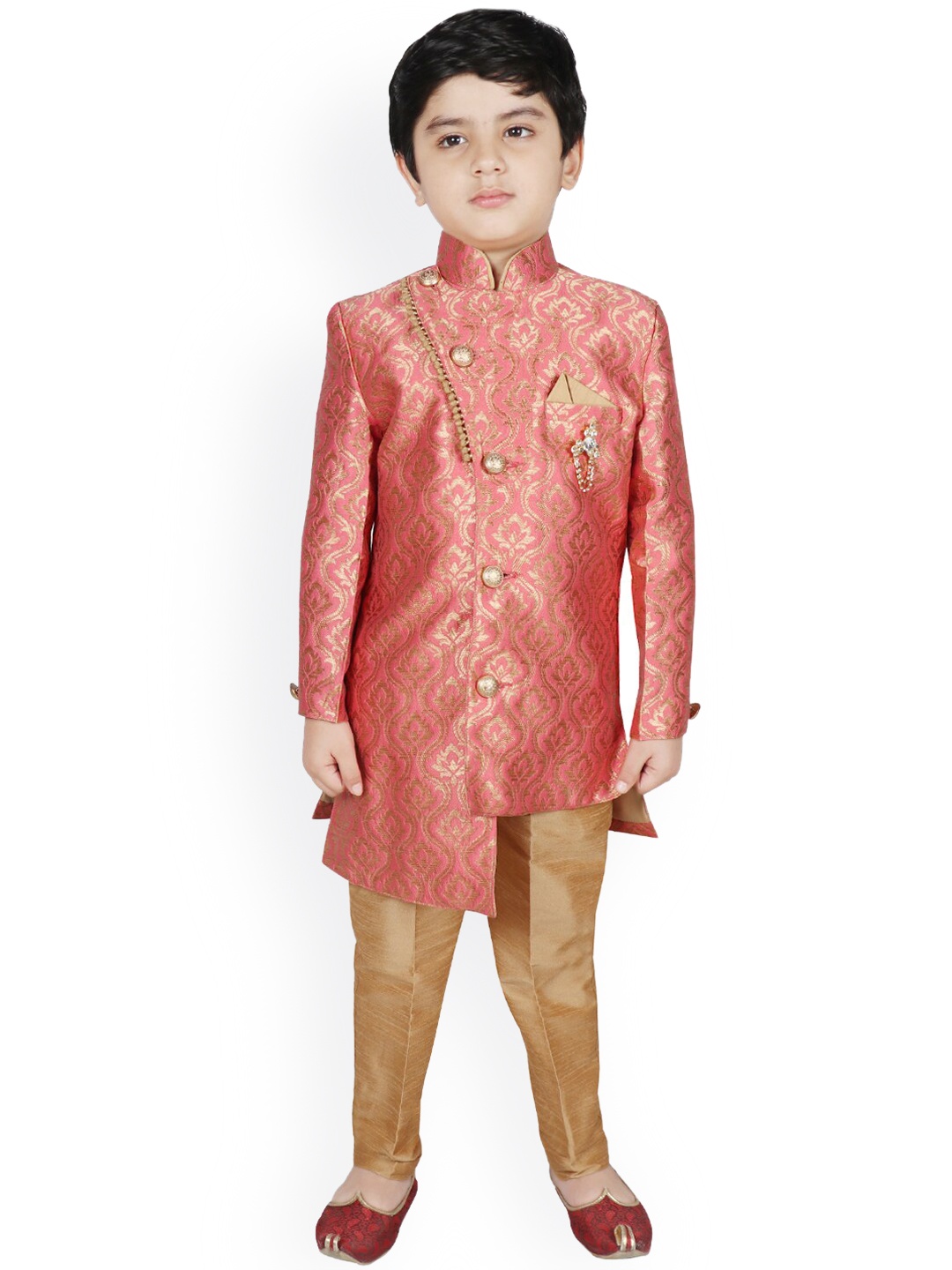 

SG YUVRAJ Boys Peach-Colored & Gold-Colored Woven-Design Sherwani Set