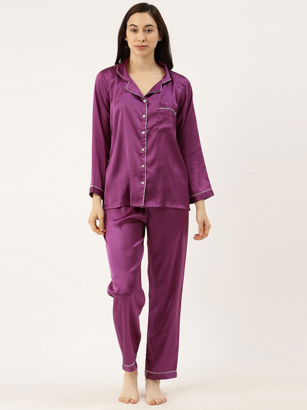 

Bannos Swagger Women Purple Solid Night suit
