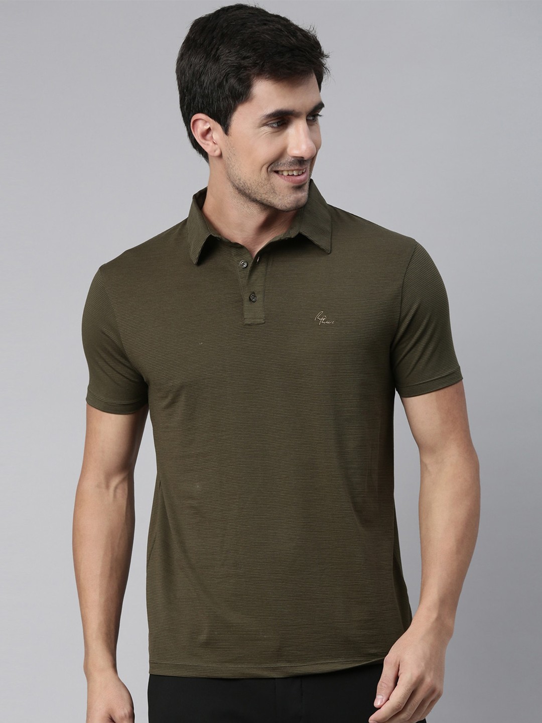 

RARE RABBIT Men Olive Green Striped Cotton Polo Collar T-shirt
