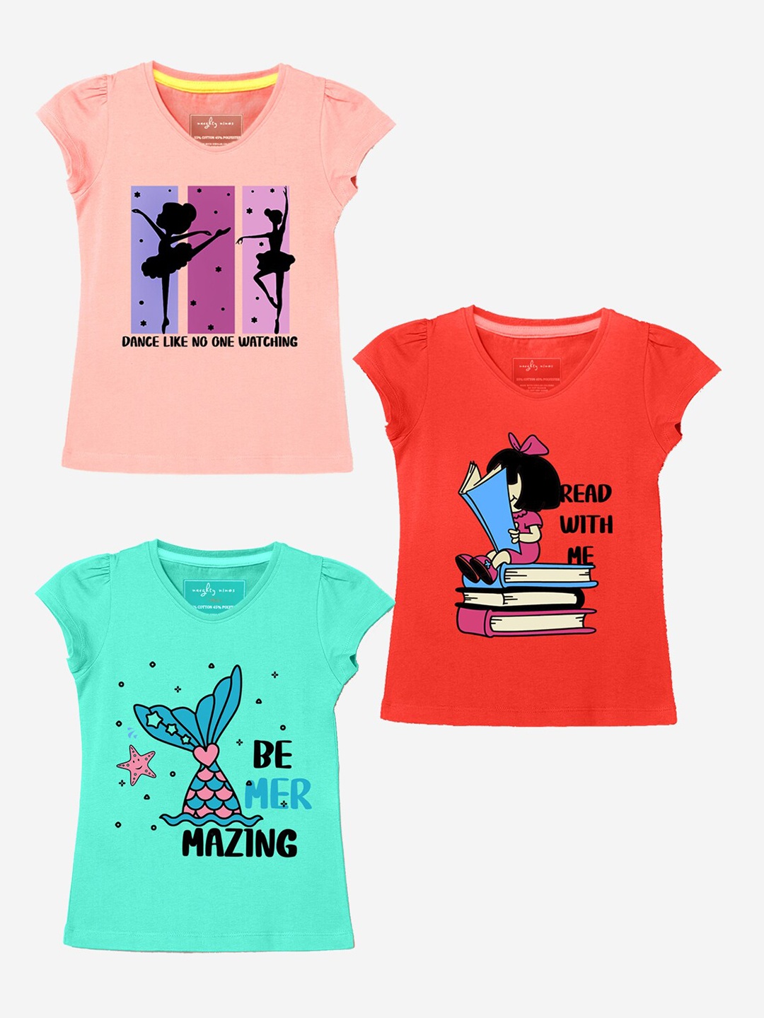 

Naughty Ninos Girls Pack of 3 Peach-Coloured & Red Printed Round Neck Cotton T-shirt