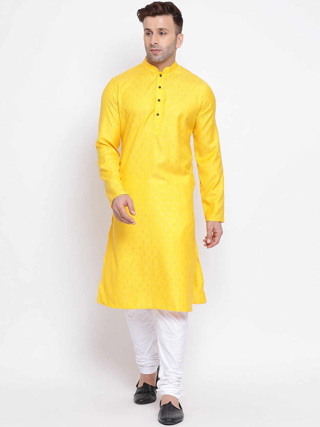 NAMASKAR Men Yellow & White Printed Cotton Kurta with Churidar