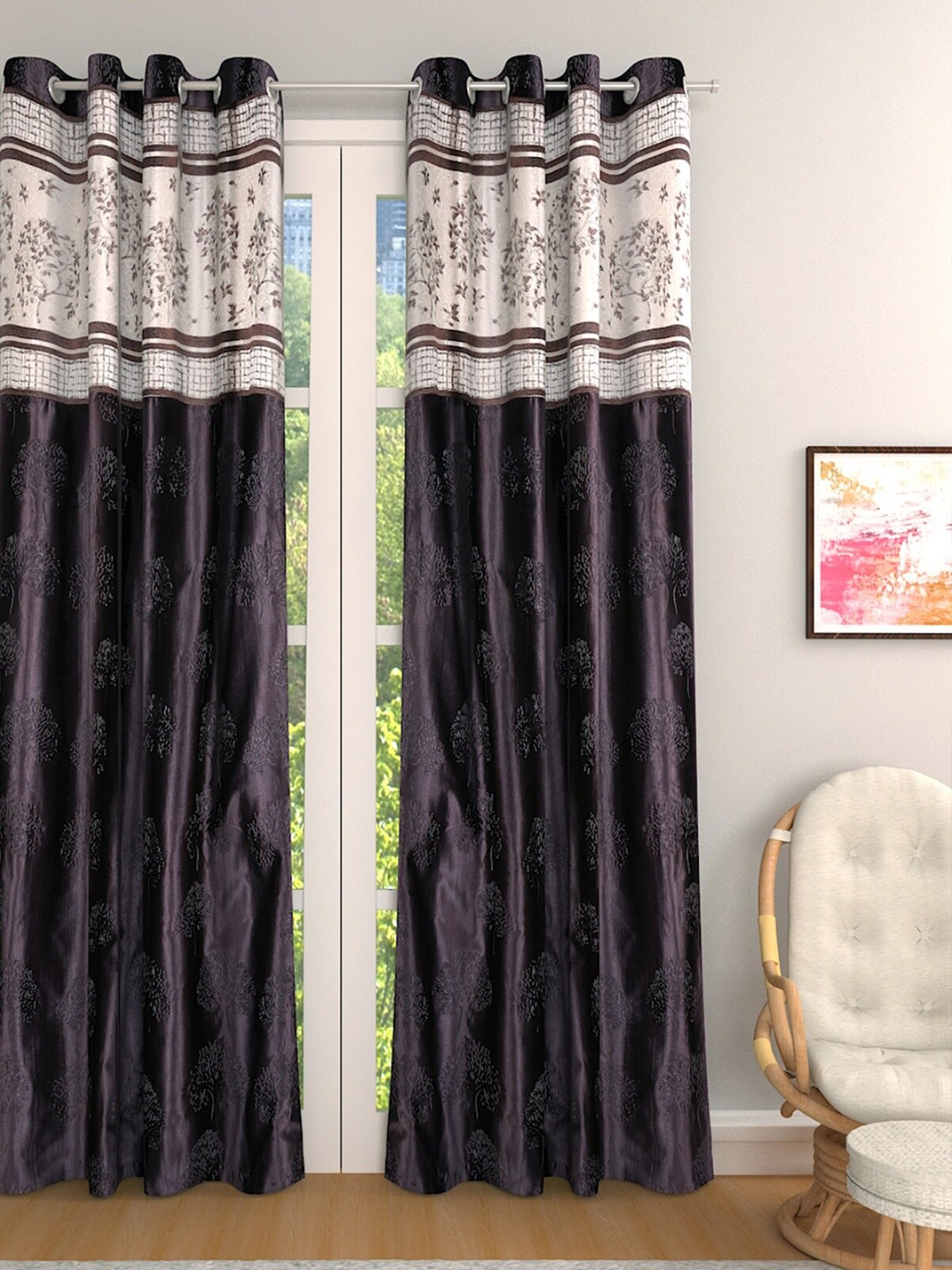 

ROMEE Coffee Brown & Off-White Single Room Darkening Long Door Curtain
