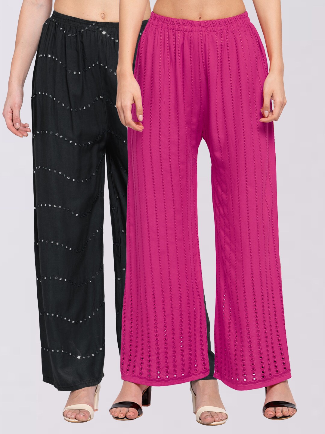 

KLOTTHE Women Pack Of 2 Black & Magenta Embroidered Wide Leg Palazzos