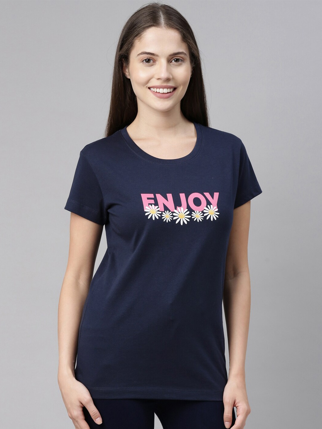 

3PIN Women Navy Blue Printed Round Neck T-shirt