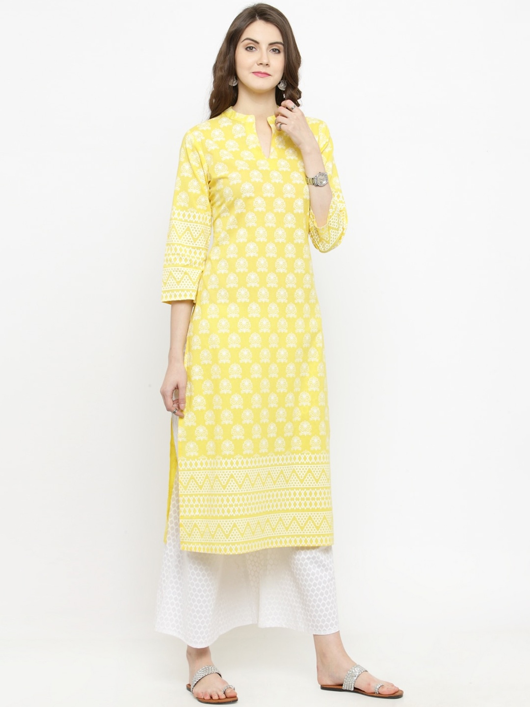 

Varanga Women Yellow & White Printed Kurta with Palazzos