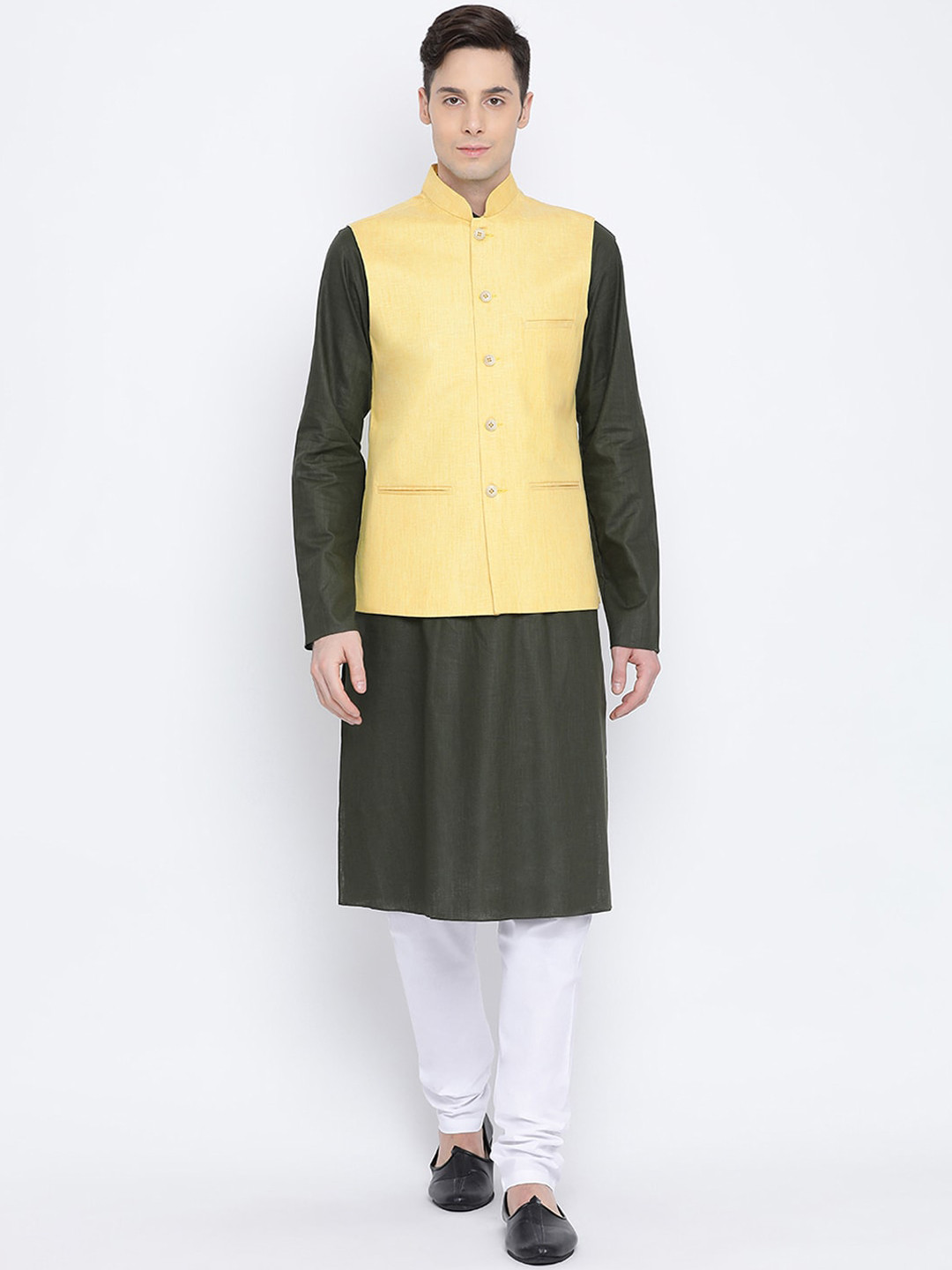 

NAMASKAR Men Olive Green & White Solid Kurta with Churidar & Nehru Jacket