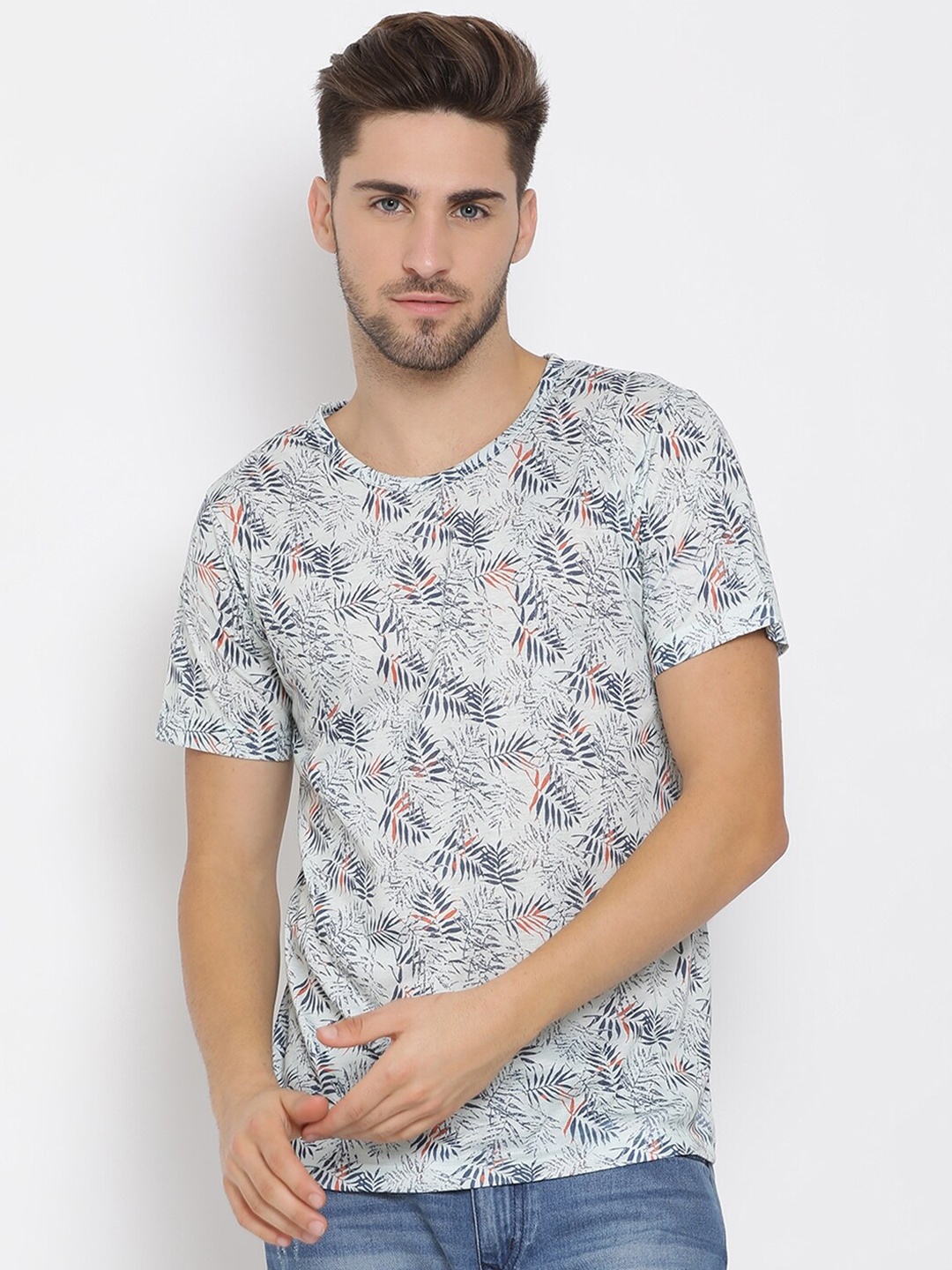 Hangup Men Navy Blue & Light Grey Tropical Printed Round Neck T-shirt