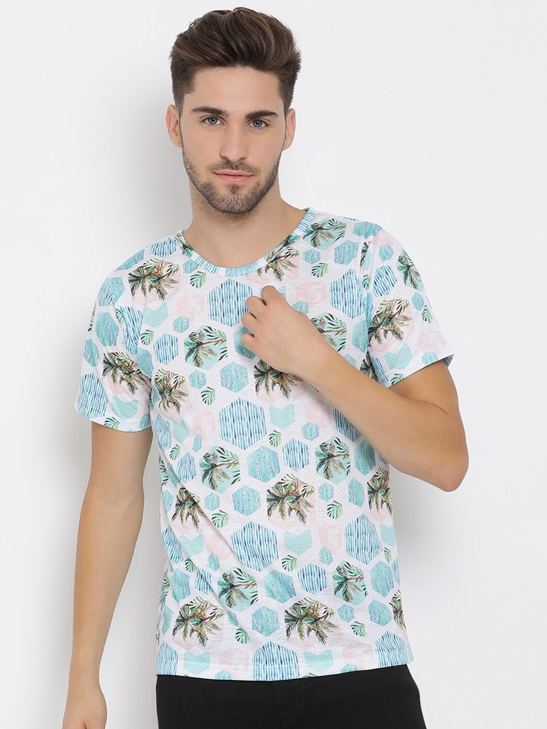 

hangup trend Men White Blue Printed Round Neck Pure Cotton T-shirt