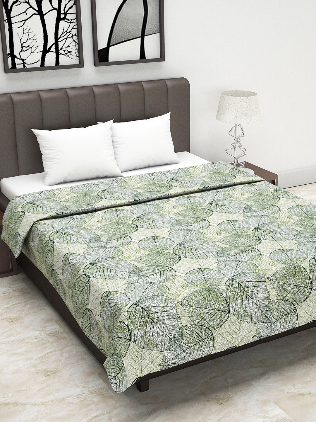 

Divine Casa White & Green Floral AC Room 110 GSM Double Bed Dohar